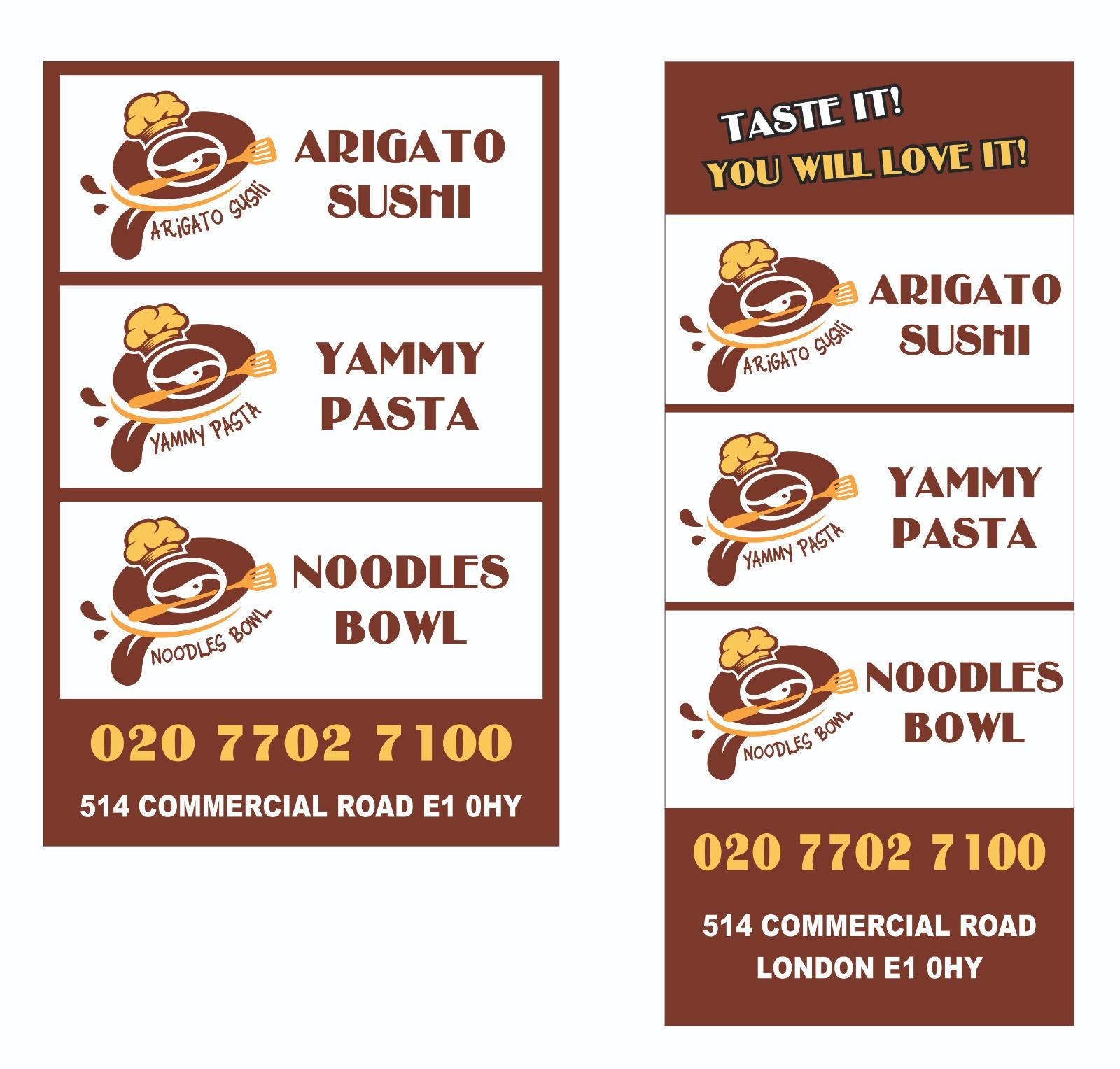 Arigato Sushi, Yammy Pasta and Noodles Bowl signage - 514 Commercial Road, London E1 0HY